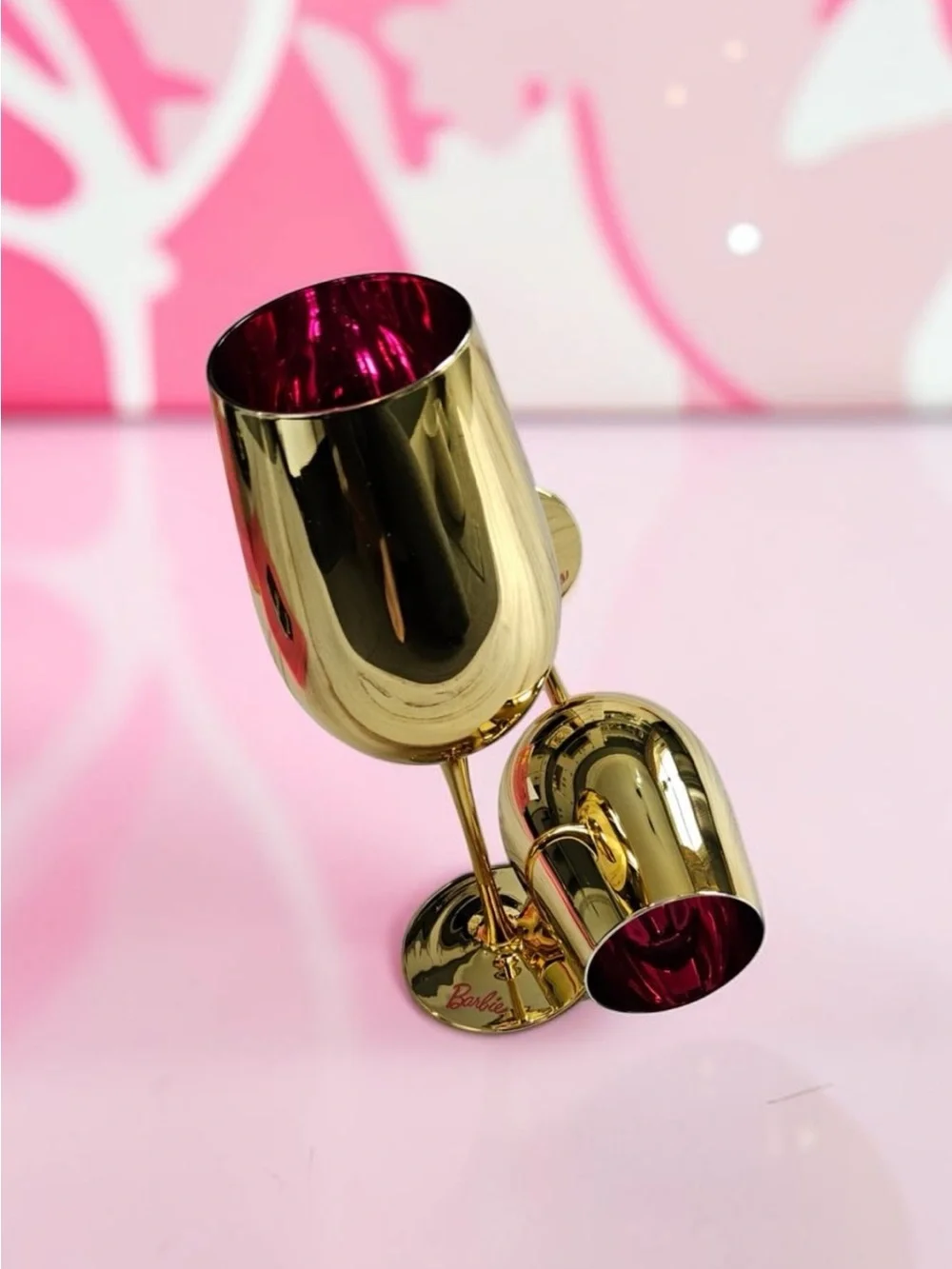 Barbie Dreamhouse 60th Gold & Pink Stemmed Wine Glasses Pair